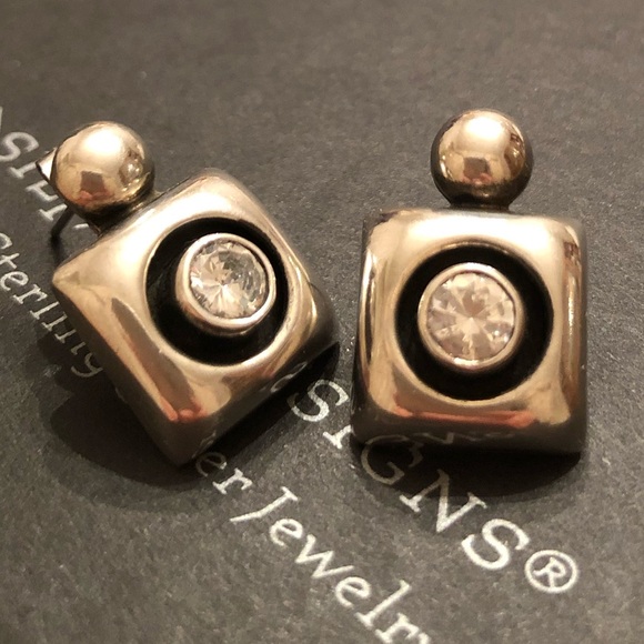 Rare Vintage Silpada Square Sterling Cubic Zirconia Post Earrings JP566 - Picture 2 of 9
